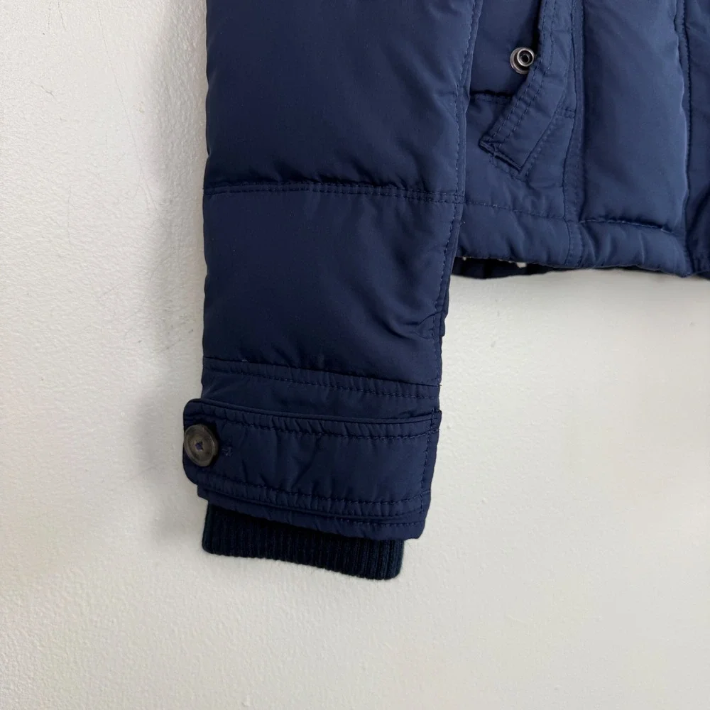Abercrombie Kids Puffer Jacket Navy‎ Blue Fur Lined Button Up Coat Sze L VTG